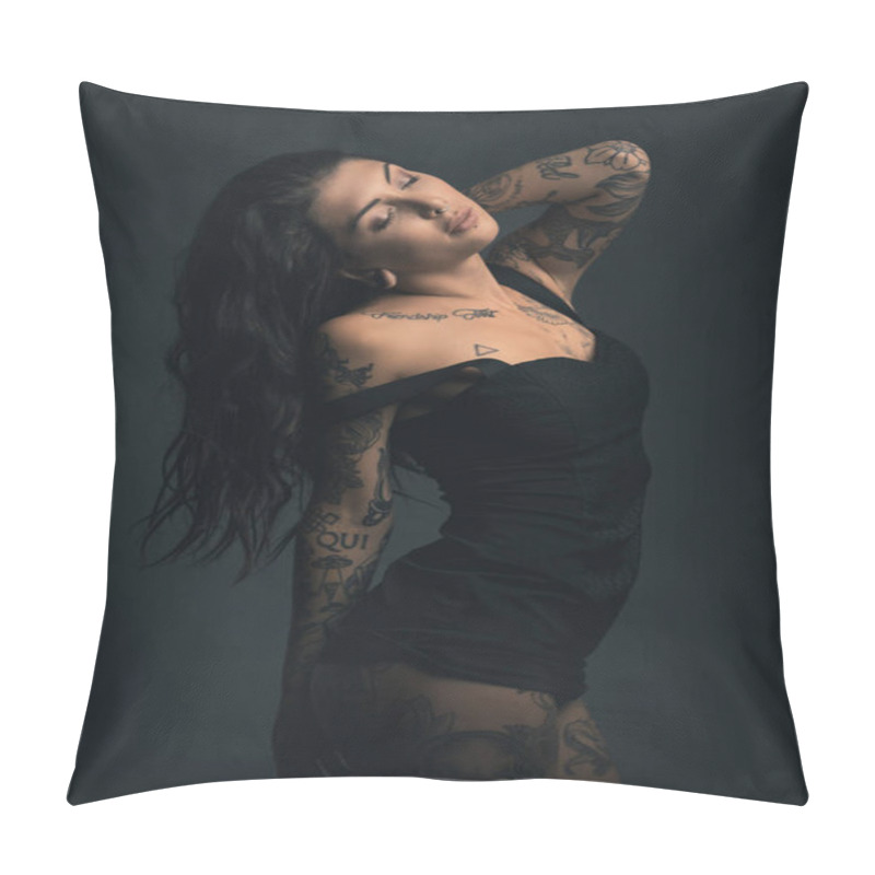 Personality  Sexy Woman Studio Portrait With Black Dress And Tattoos Against  Pillow Covers