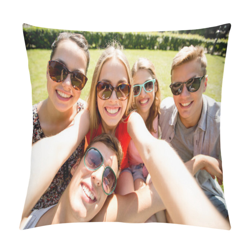 Personality  Group Of Smiling Friends Making Selfie In Park Pillow Covers