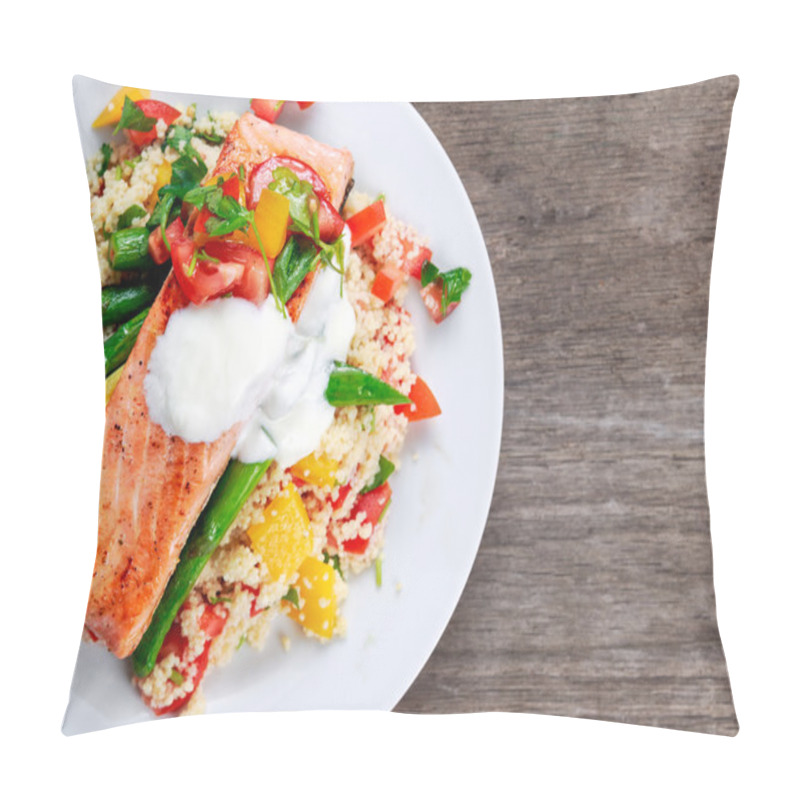 Personality  Pan Fried Salmon With Tender Asparagus,  Couscous, Vegetables Pillow Covers