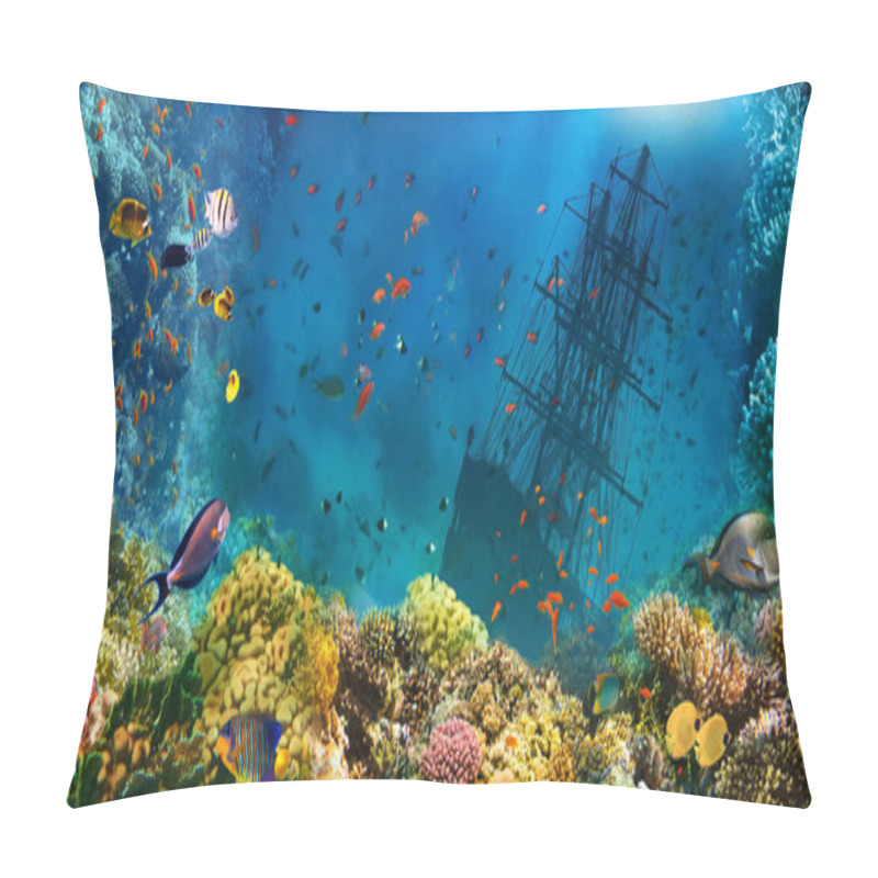 Personality  A Sunken Shipwreck In Sea. Underwater World. Coral Fishes Of Red Sea. Egypt. Collage Pillow Covers