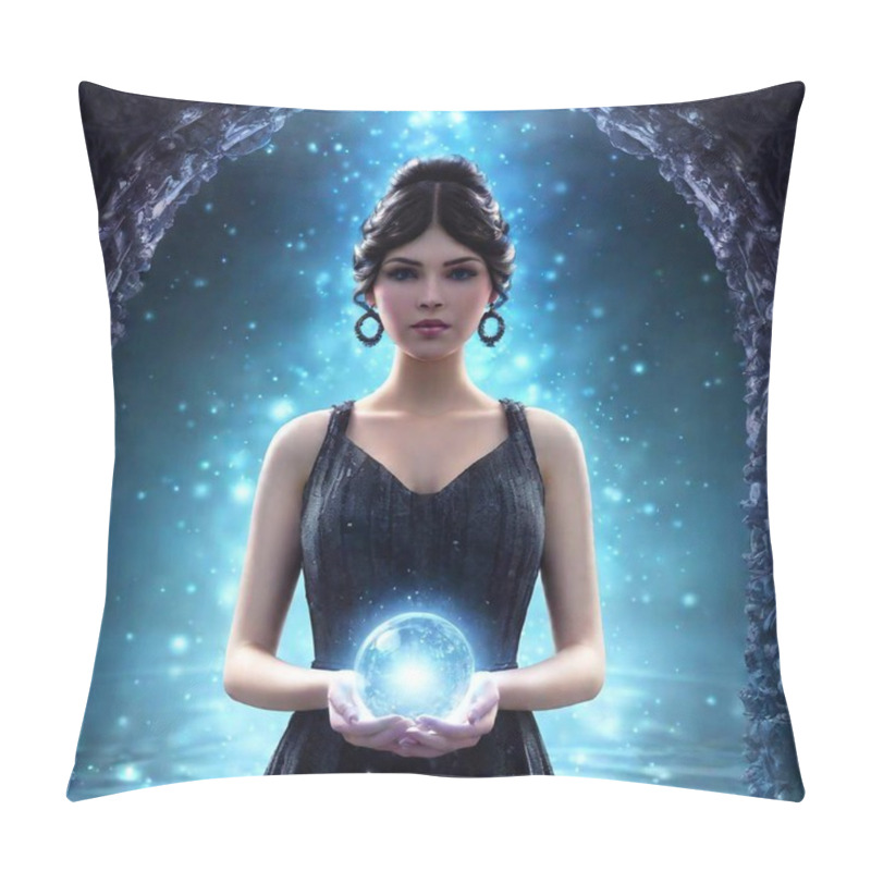 Personality  A High-resolution Digital Artwork Depicting A Dark-haired Woman With Piercing Eyes, Dressed In An Intricate, Dark, Medieval-style Gown With Silver Embellishments. She Is Holding A Glowing Crystal Ball With Both Hands, Emanating An Ethereal Blue Pillow Covers