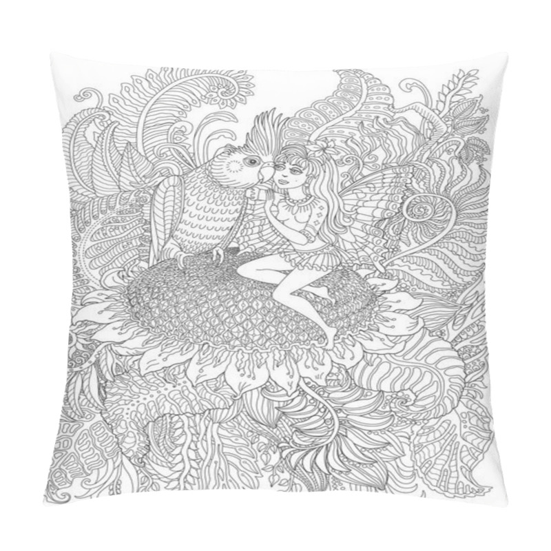 Personality  Fairy Tale Elf Girl With Butterfly Wings Sits On A Sunflower With A Cockatiel Parrot Bird. Coloring Book Page For Adults And Children Pillow Covers