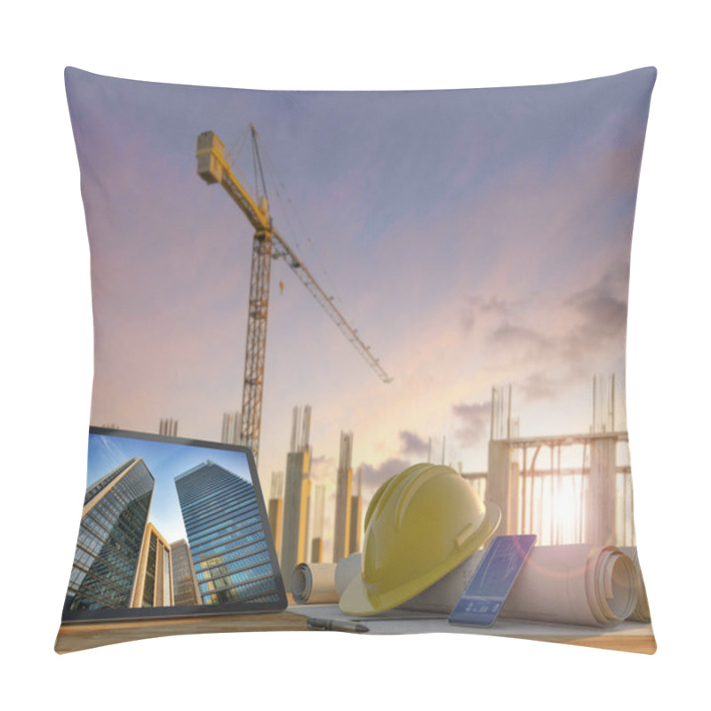 Personality  Engineer Or Architect's Tools In Construction Site At Sunset. Tablet, Hard Hat And Blueprints On Wooden Table With Crane And Building Rebars On The Background. Pillow Covers