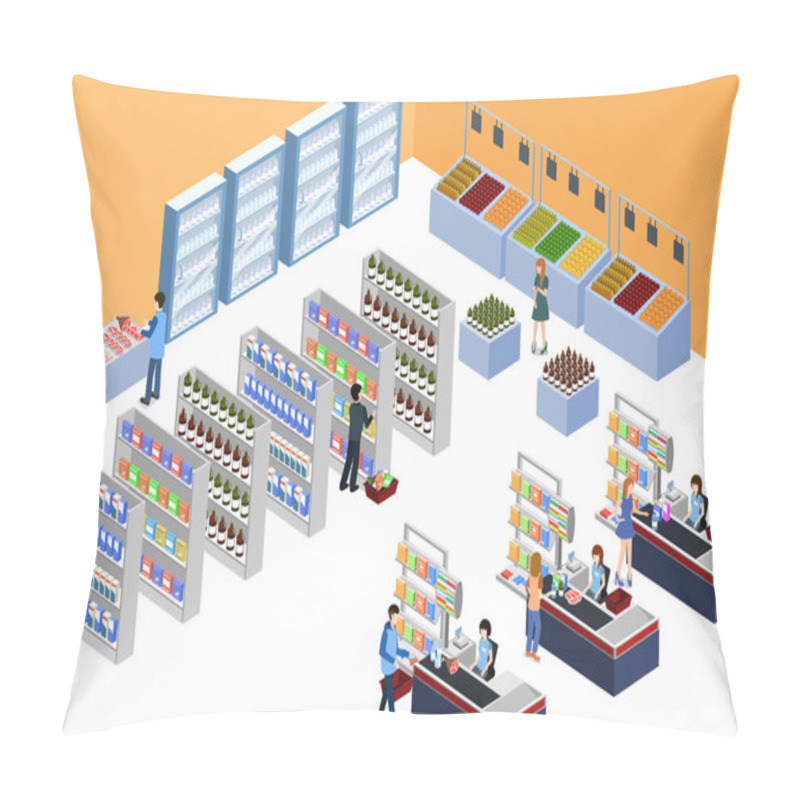 Personality  Vector Illustration Design Of Isometric 3D Concept Of A Grocery Store With Buyers And Cashier Pillow Covers