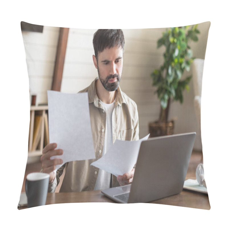 Personality  A Man With A Beard Sits At Desk Intently Examining Sheets Of Paper In A Well-lit Room. In Front Of Him Is An Open Laptop, Suggesting He Is Either Working From Home Or Managing Personal Affairs Pillow Covers