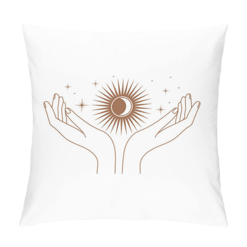 Personality  Minimal Female Hand Logo Or Delicate Emblem In Trendy Linear Style. Women's Hand With Sun And Stars. Vector Linear Boho Icon For Handmade Products, Jewelry, Cosmetics, Wedding Concept Illustrations Etc. Branding. Pillow Covers