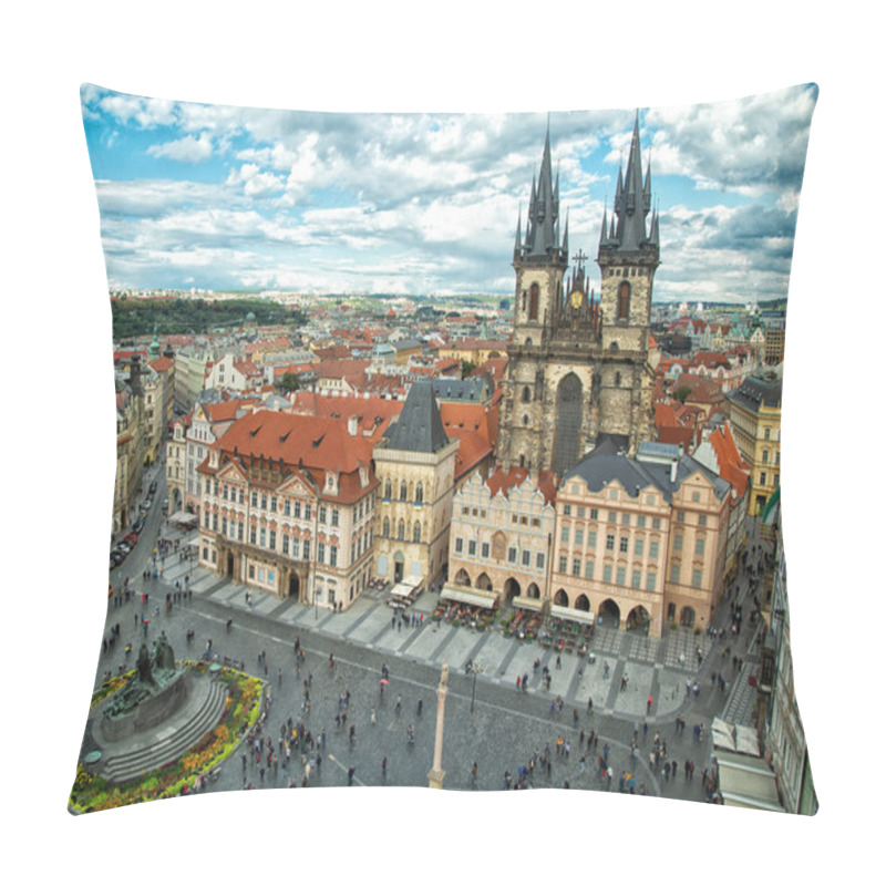 Personality  View on the cathedral and the monument in old town square in Prague, in Czech Republic pillow covers