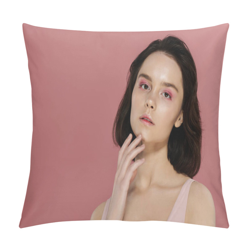 Personality  A Woman Poses Against A Pink Background, Her Gaze Soft And Introspective. Pillow Covers