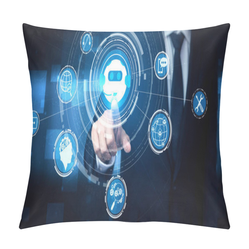 Personality  AI Chatbot Smart Digital Customer Service Application Concept. Computer Or Mobile Device Application Using Artificial Intelligence Chat Bot Automatic Reply Online Message To Help Customers Instantly. Pillow Covers