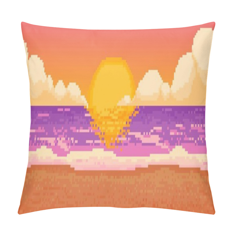 Personality  Pixel Sunset Beach. Game Retro Sea Landscape. 8-bit Background Sunrise Ocean Scene, Hawaii Cloudy Sky With Sun, Night Nature Panorama Seascape. Vector Illustration. Tropical Coastline For Vacation Pillow Covers