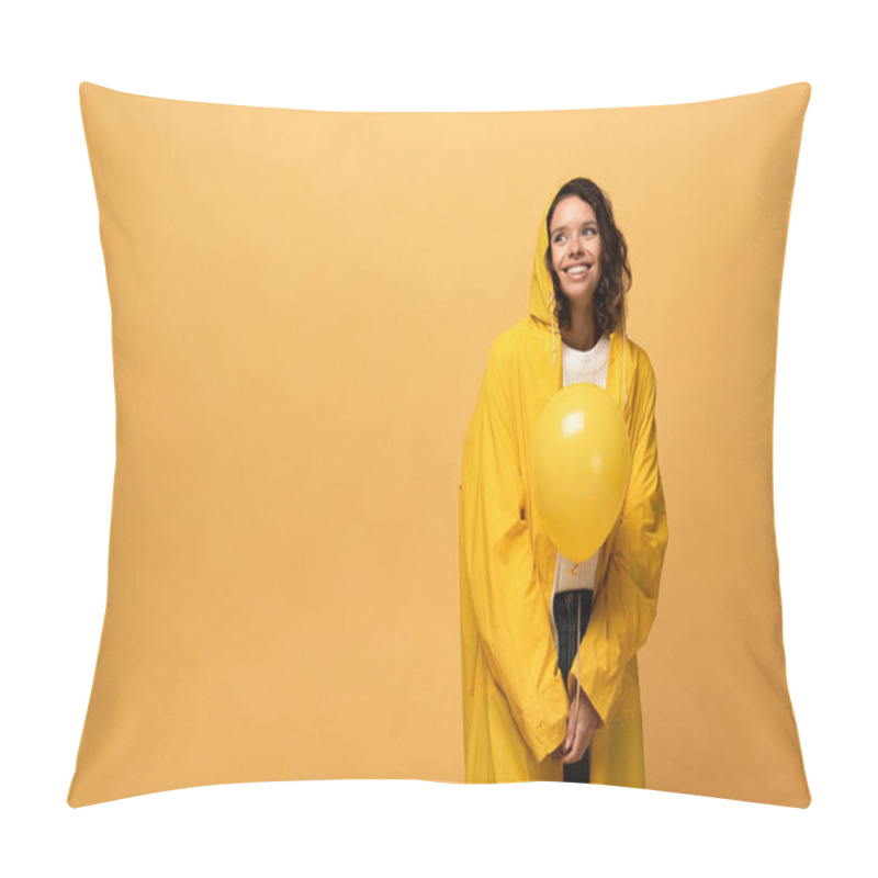 Personality  Happy Curly Woman In Yellow Raincoat Holding Balloon Isolated On Yellow Pillow Covers