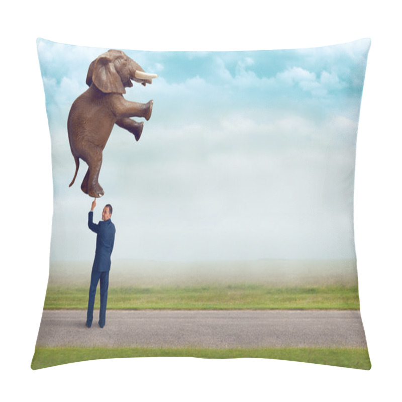 Personality  Businessman Holding An Elephant With One Finger  Pillow Covers