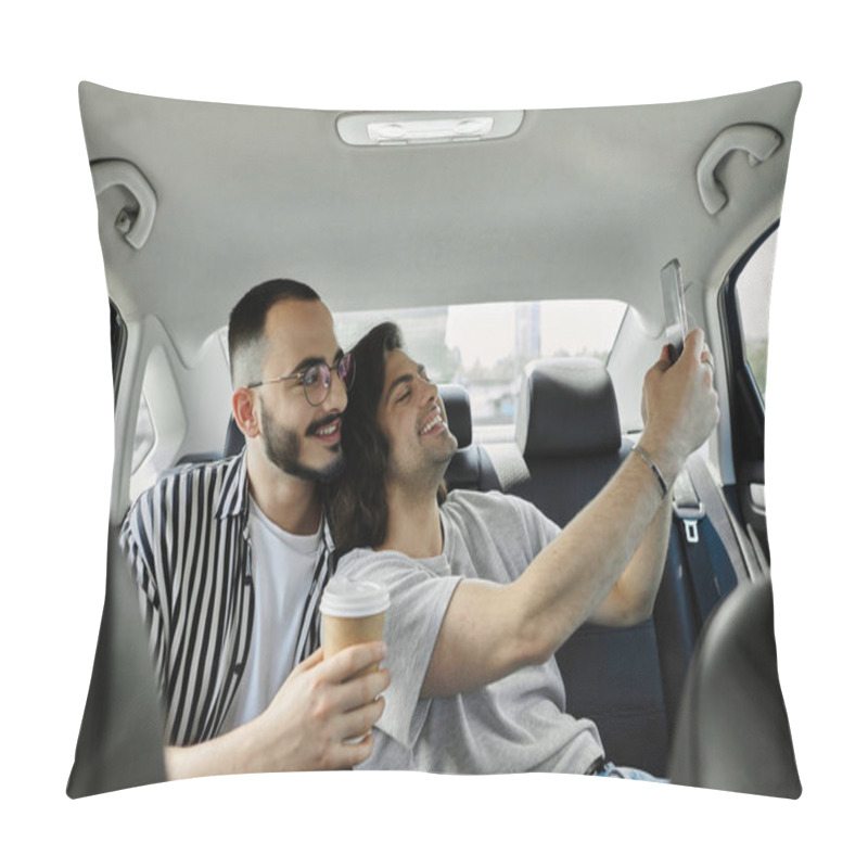 Personality  A Gay Couple Takes A Selfie In The Backseat Of A Car, Enjoying Their Time Together. Pillow Covers