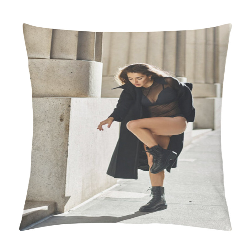 Personality  Woman Dances Energetically In NYC Streets, A Powerful Expression Of Self Amid Urban Architecture. Pillow Covers