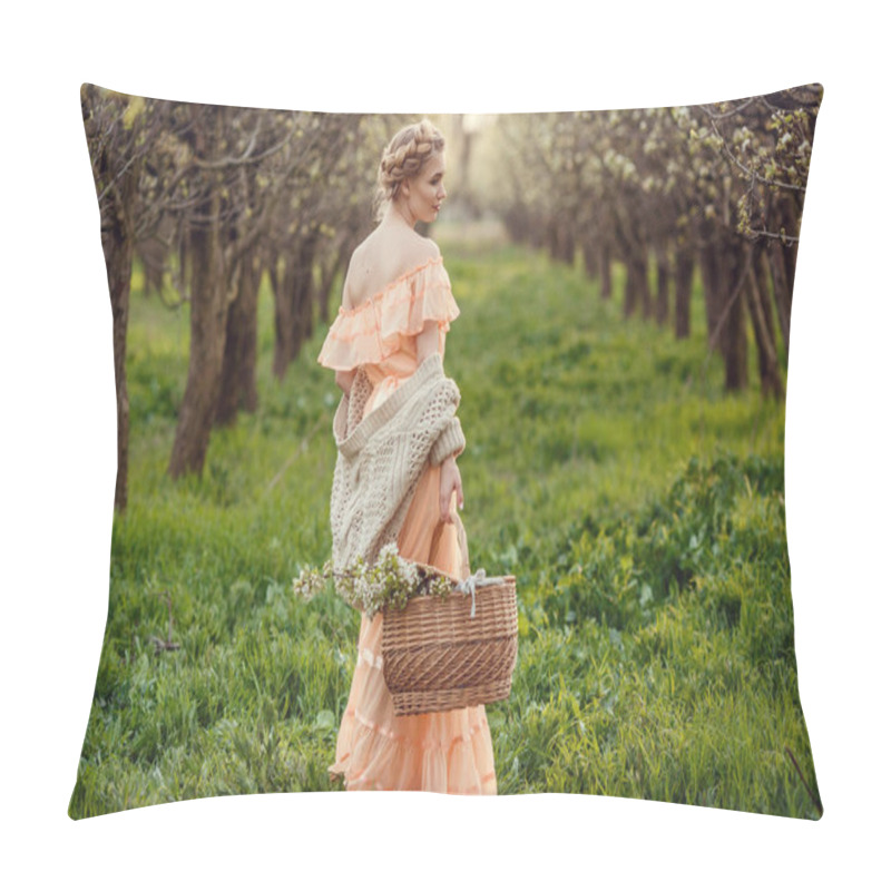 Personality  Beautiful Young Girl In An Old Dress In A Pear-blossoming Garden. Pillow Covers