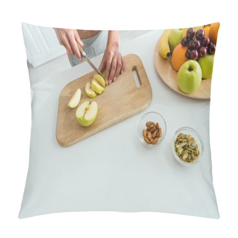 Personality  Cropped View Of Woman Cutting Apple On Cutting Board Near Fruits  Pillow Covers