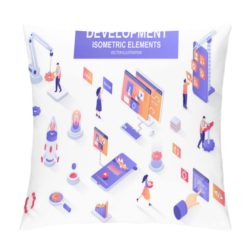 Personality  Development Company Bundle Of Isometric Elements. Interface Prototyping, Back End Development, Developer Programming, Project Launch Isolated Icons. Isometric Vector Illustration Kit With People. Pillow Covers