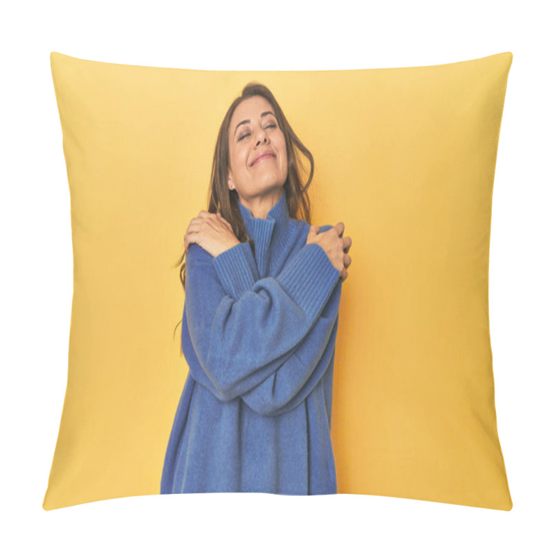 Personality  Portrait Of Beautiful Adult Woman Hugs, Smiling Carefree And Happy. Pillow Covers