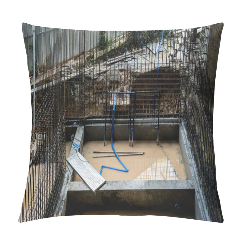 Personality  A Construction Site Displaying A Reinforced Concrete Foundation With Steel Rebar. Pillow Covers