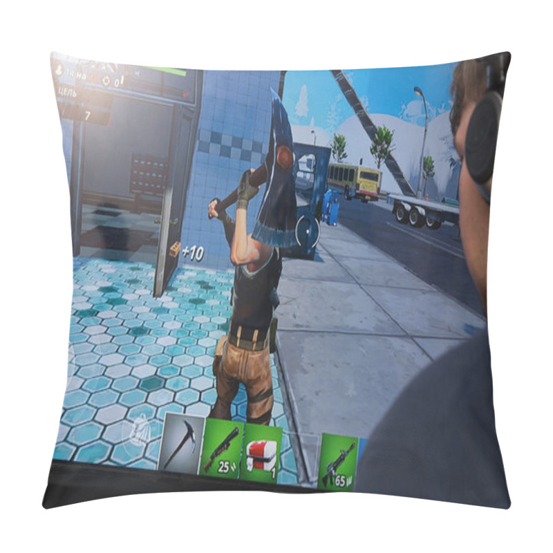 Personality  Tula, Russia - JANUARY 27, 2019 - Fortnite Video Game Screen With Character And Console Controller. Fortnight Battle Royale Online Gaming By Epic Pillow Covers