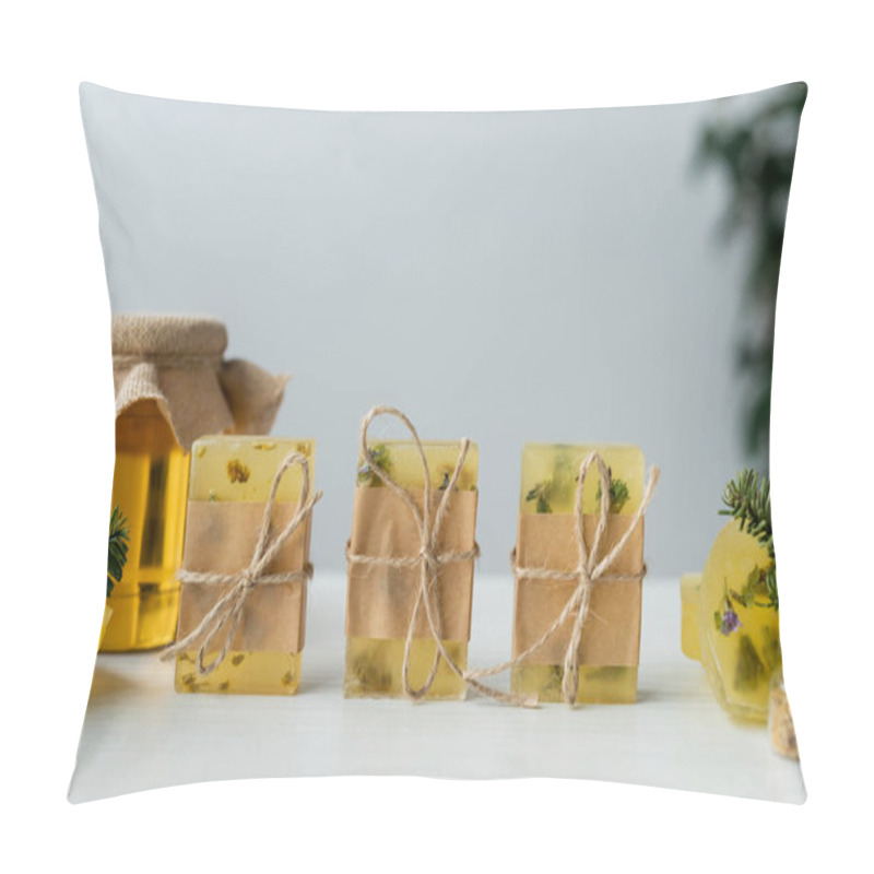 Personality  Handmade Soap With Twine Near Pine Branches And Blurred Honey On Table  Pillow Covers