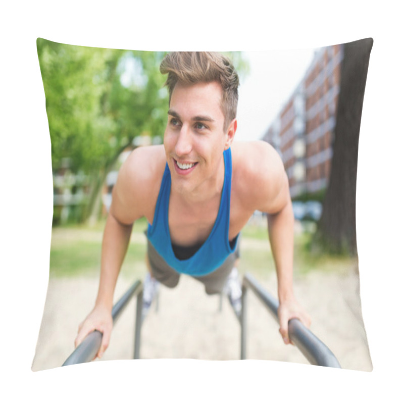 Personality  Young Man Exercising At Outdoor Gym Pillow Covers