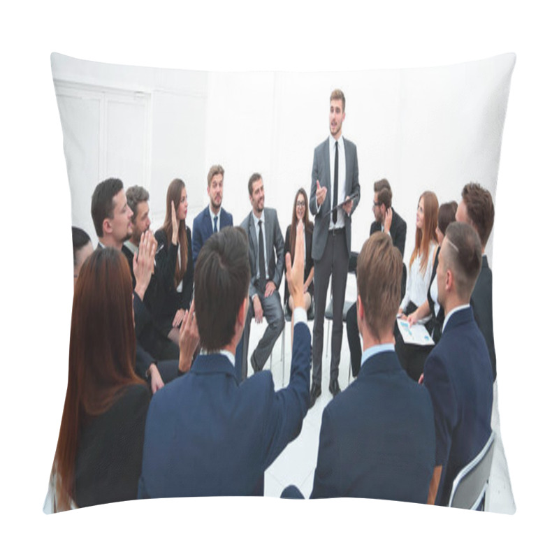 Personality  Skilled Coach Asks Questions To The Participants Of The Training. Pillow Covers