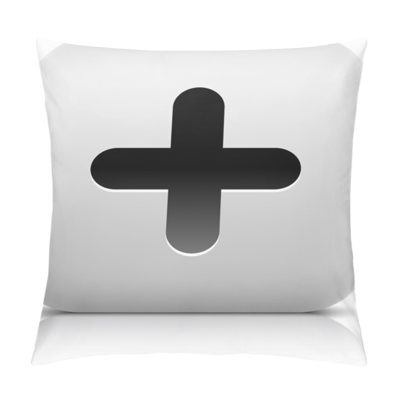 Personality  Stone Web 2.0 Button Plus Symbol Sign. White Rounded Square Shape With Black Shadow And Gray Reflection On White Background. This Vector Illustration Created And Saved In 8 Eps Pillow Covers