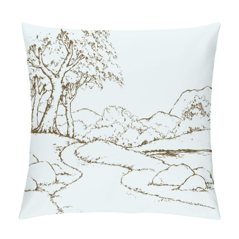 Personality  Mountain Landscape With Oak Trees. Vector Drawing Pillow Covers