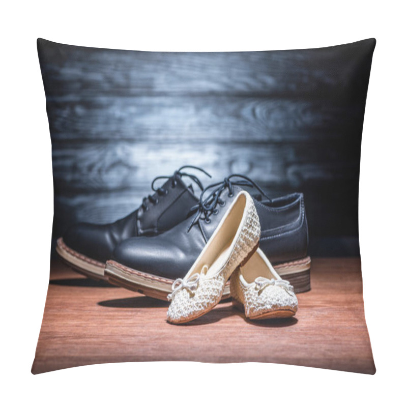 Personality  Close-up Shot Of Leather Father And Daughter Shoes On Wooden Surface, Happy Fathers Day Concept Pillow Covers