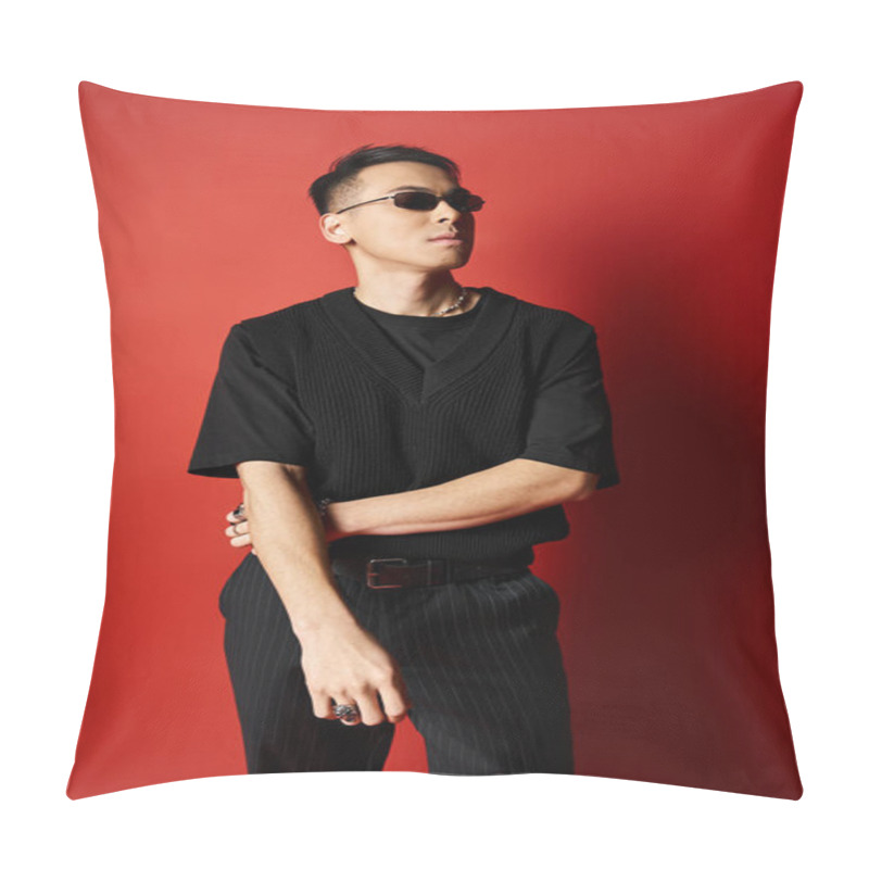 Personality  A Stylish And Handsome Asian Man Dressed In A Black Shirt And Black Pants Poses Against A Bold Red Background In A Studio. Pillow Covers