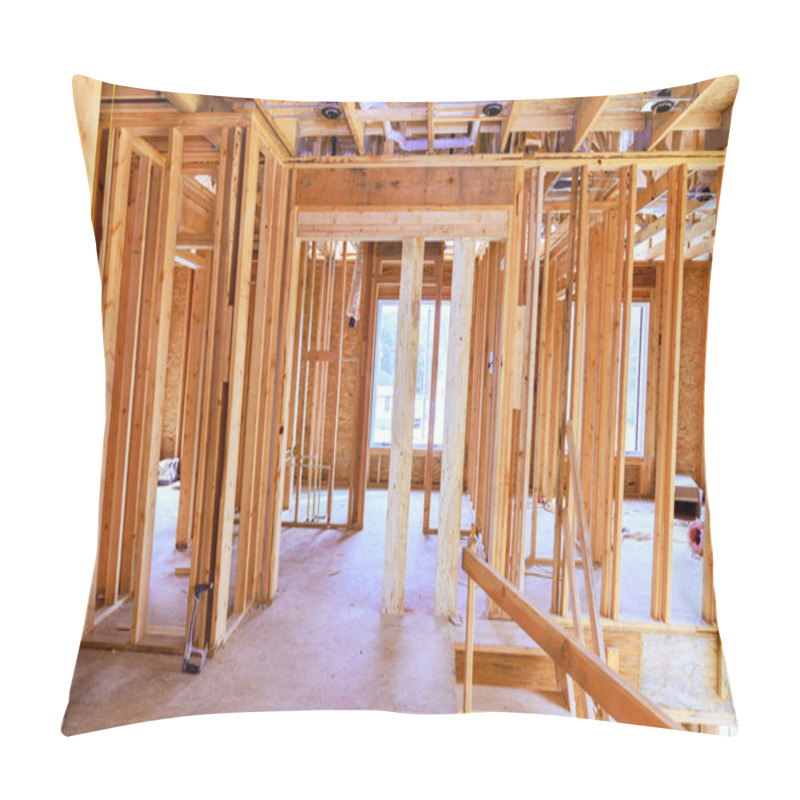 Personality  Beam Is Supported By Wooden Stud Timber Framing In Interior Of Newly Constructed House. Pillow Covers