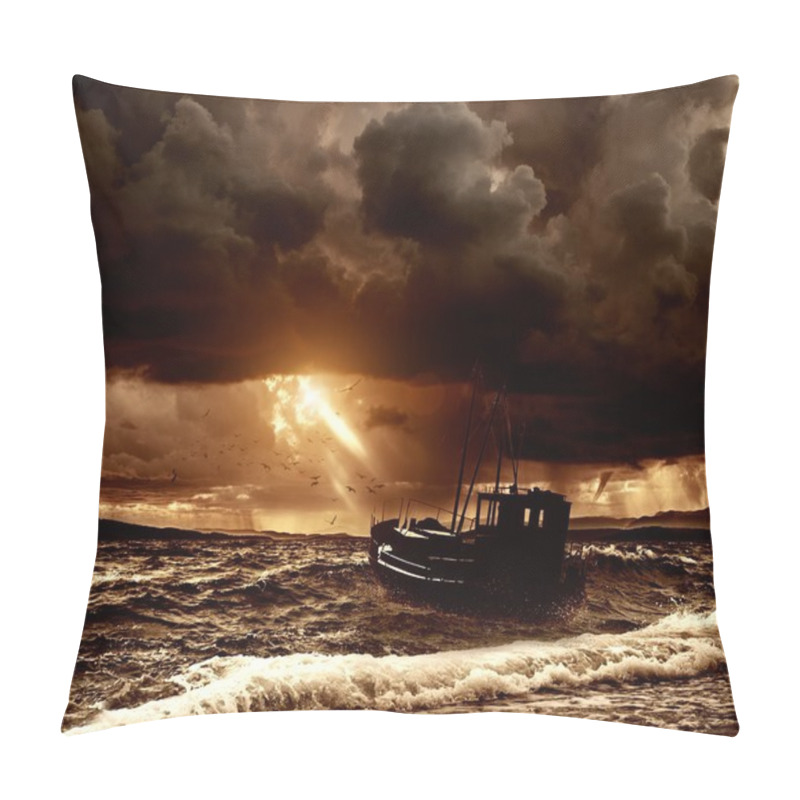 Personality  Fishing Boat In A Stormy Sea  Pillow Covers