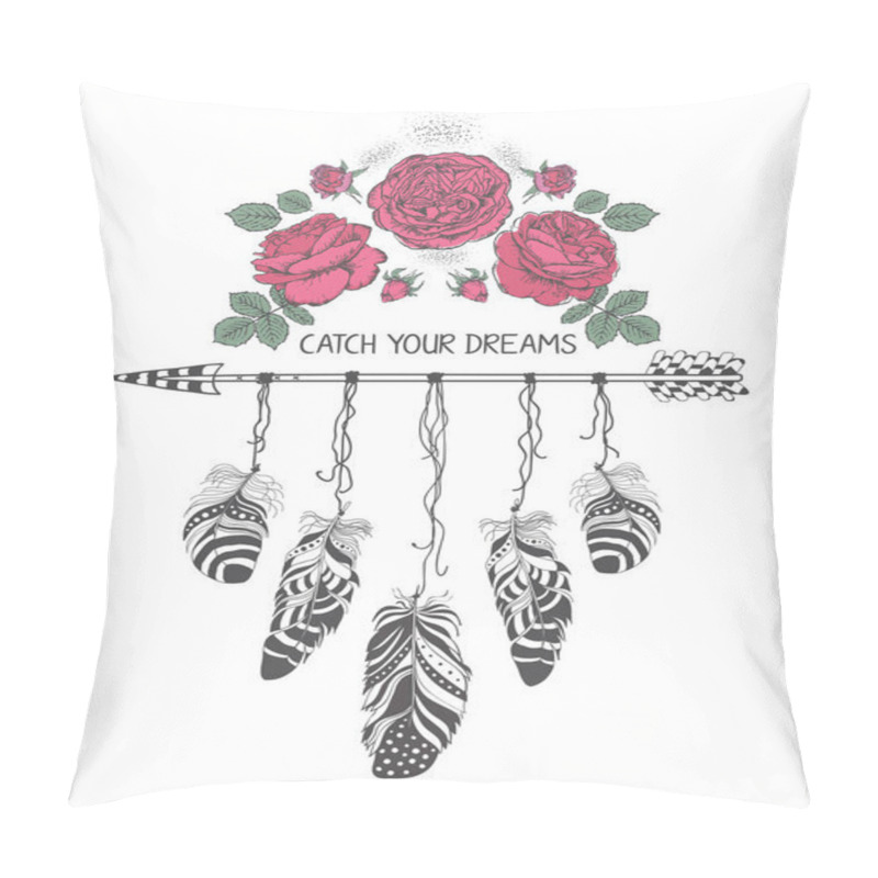 Personality  Hand Drawn Boho Style Design With Rose Flower, Arrow And Feathers. Hippie Fashion Decoration For T-shirt Or Tattoo. Pillow Covers