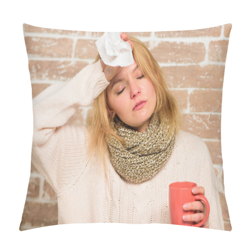 Personality  Runny Nose And Other Symptoms Of Cold. Cold And Flu Remedies. Remedies Should Help Beat Cold Fast. Tips How To Get Rid Of Cold. Woman Feels Badly Ill Sneezing. Girl In Scarf Hold Tea Mug And Tissue Pillow Covers