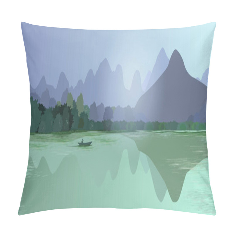 Personality  Panoramic Abstract Landscape With Mountains, Forest And Water River, Lake . On The Water A Small Boat With A Silhouette Of A Man. Poster, Billboard, Vector Illustration. Pillow Covers