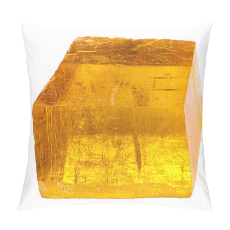 Personality  Transparent Yellow Orange Rectangular Optical Calcite Crystal Iceland Spar Stone Macro Isolated On A White Surface Background Pillow Covers