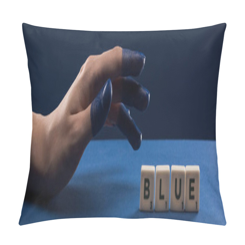 Personality  Cropped View Of Female Hand With Painted Fingers Near Cubes With Blue Lettering Isolated On Blue, Panoramic Shot Pillow Covers