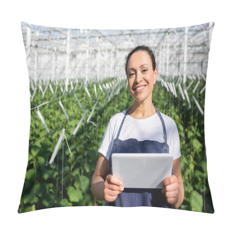 Personality  African American Farmer With Digital Tablet Smiling At Camera In Greenhouse Pillow Covers