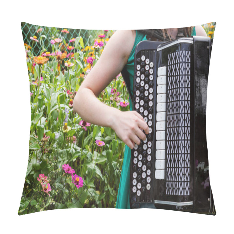 Personality  Girl Musician Plays The The Russian Bayan (button Accordion) And Singing. Pillow Covers