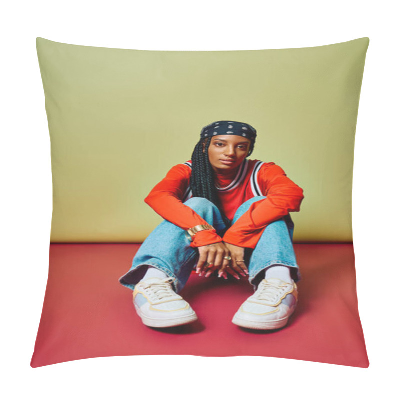 Personality  A Trendy Young Woman Sits On The Floor, Flaunting Her Vibrant Outfit And Sneakers. Pillow Covers