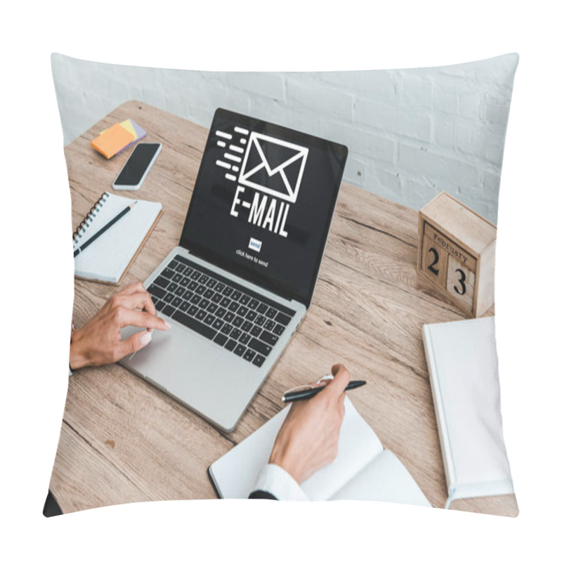 Personality  Cropped View Of Woman Holding Pen While Using Laptop With Email Lettering Near Smartphone With Blank Screen  Pillow Covers