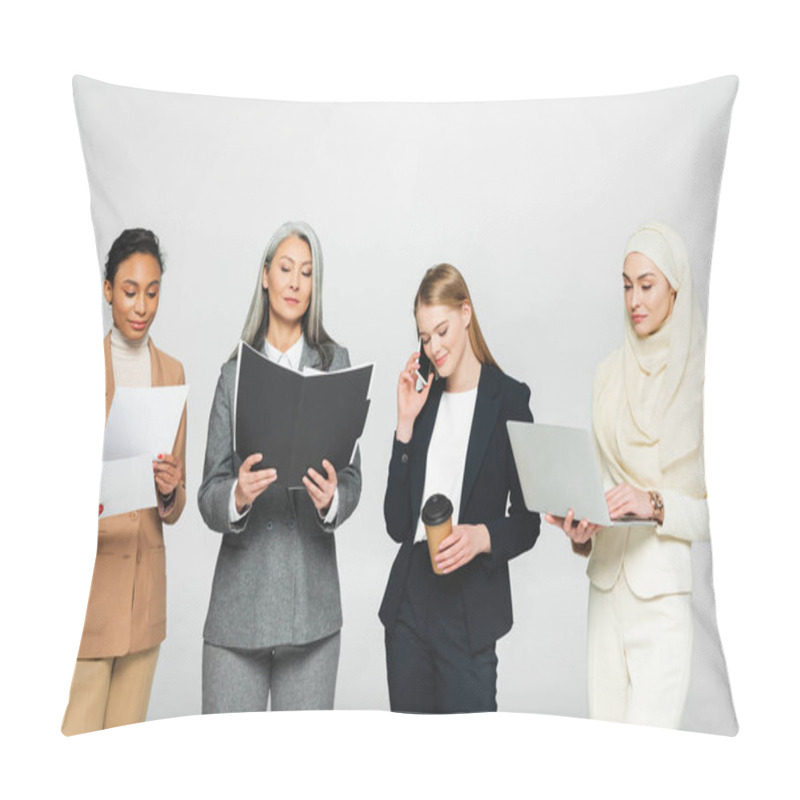 Personality  Multicultural Businesswomen With Folders Near Woman Talking On Smartphone Isolated On White  Pillow Covers