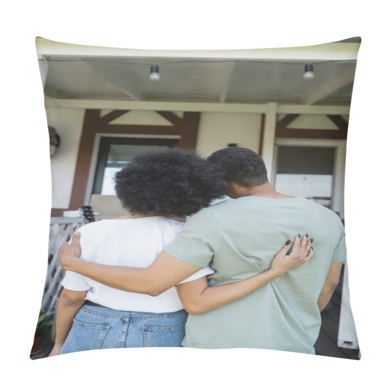 Personality  Back View Of African American Couple Embracing Near New House Outdoors Pillow Covers