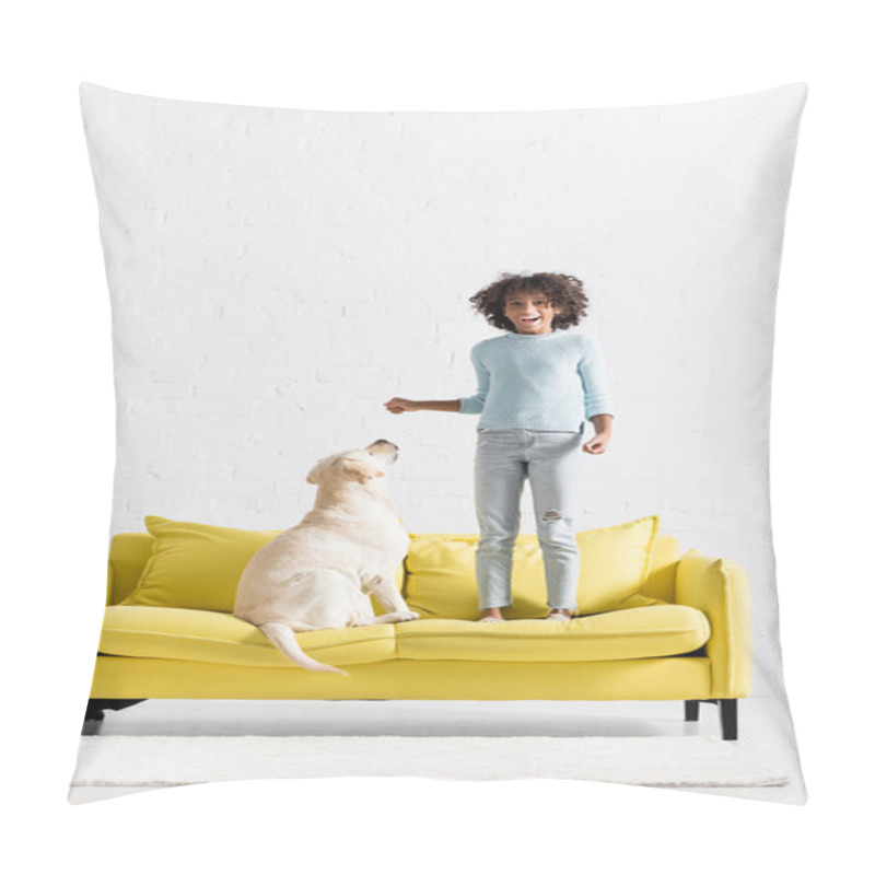 Personality  Excited African American Girl Standing On Sofa Near Retriever, While Looking At Camera At Home Pillow Covers