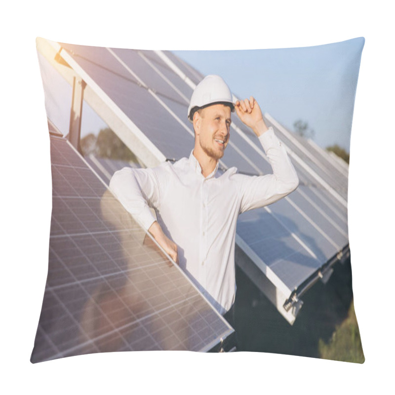 Personality  Confident Male Engineer Wearing A Hard Hat Examines Solar Panels On A Sunny Day. Renewable Energy And Sustainable Technology Concept. Promotes Innovation, Efficiency, And Clean Energy Solutions. Pillow Covers