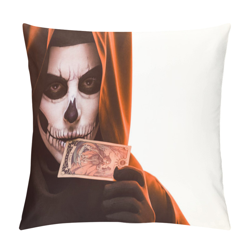 Personality  KYIV, UKRAINE - APRIL 18, 2019: Woman With Skull Makeup Holding Tarot Card Isolated On White Pillow Covers