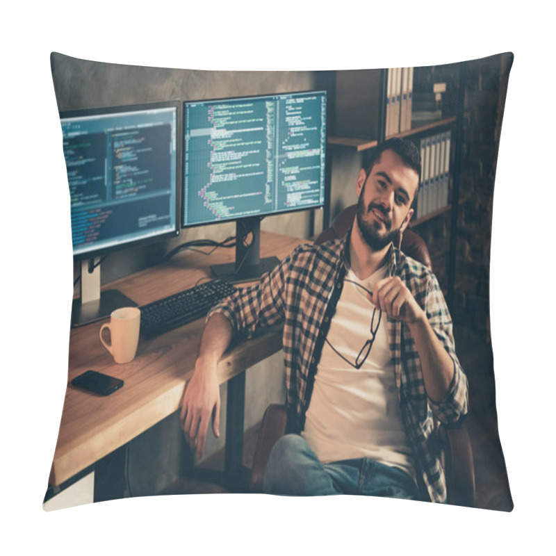 Personality  Portrait Of His He Nice Attractive Confident Content Bearded Guy Wearing Checked Shirt Expert Specialist Nerd Shark Boss Genius At Wooden Industrial Interior Work Place Station Pillow Covers