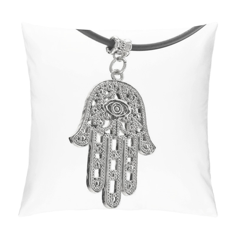 Personality  Silver Hamsa, Hand Of Fatima Amulet Coulomb On A White Background. 3d Rendering Pillow Covers