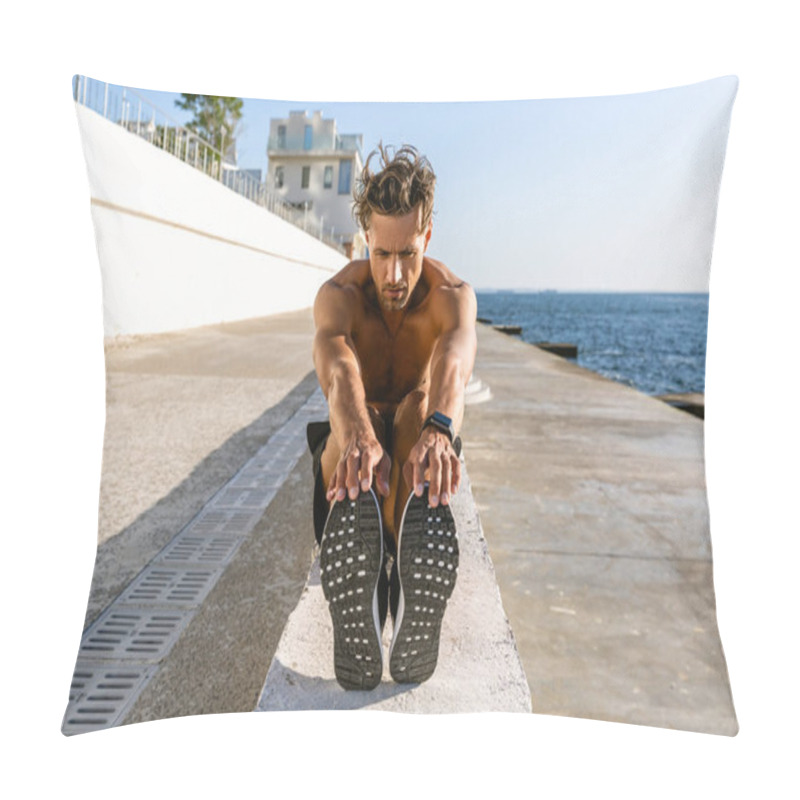 Personality  Adult Shirtless Sportsman Stretching Before Training On Seashore Pillow Covers